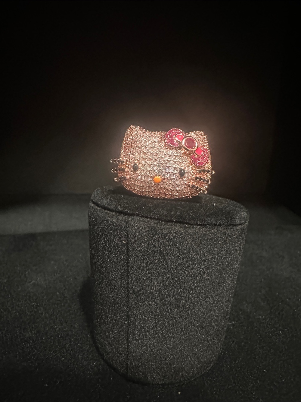Rose Gold Crystal Hello Kitty Face Ring with Pink Bow